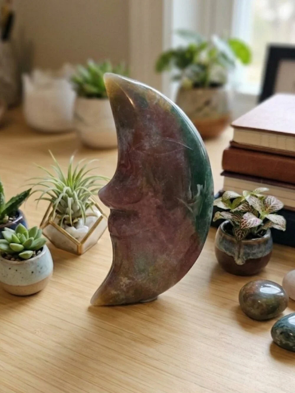 Beautiful Rainbow / Polychrome Jasper Moon Crystal Carving Brand New Decor Home